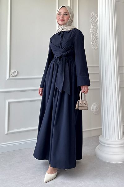 InStyle Φόρεμα με φαρδύ μανίκι με λεπτομέρεια ποπλίνα Navy Blue