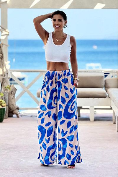 Nevin Kaya Moda Pantaloni Palazzo Crem cu model inel