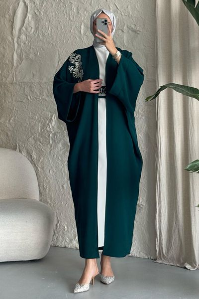 InStyle Stoned Collar Bat Sleeve Dress Abaya Petrol Blue