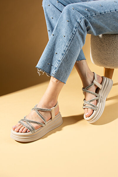 Pembe Potin Women's Beige Stone Comfortable Sole Stone Conford Daily Stylish Sandals