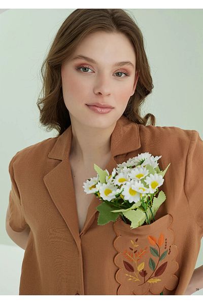 NBB Embroidered, Muslin Fabric, Front Button, Shirt Collar, Women's Pajama Set