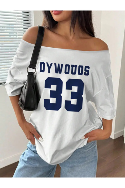 Machetta Kadın Kayık Yaka Oywouos Baskılı Oversize %100 Pamuk T-shirt