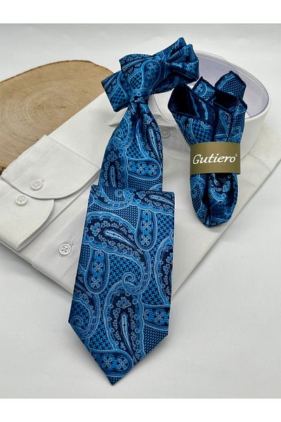 Gutiero Classic Tie with Blue Paisley Patterned Handkerchief