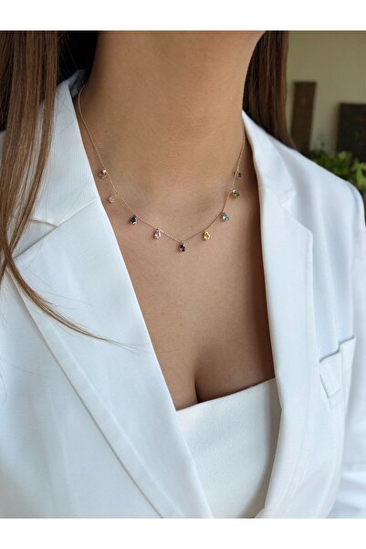 Utku Kuyumculuk 14 AYAR TOPTOP ZİNCİRLİ RENKLİ DAMLA KRİSTAL TAŞLI ALTIN KOLYE