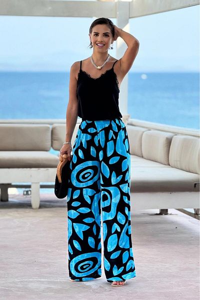 Nevin Kaya Moda Παντελόνι με μοτίβο με μαύρο δαχτυλίδι Palazzo