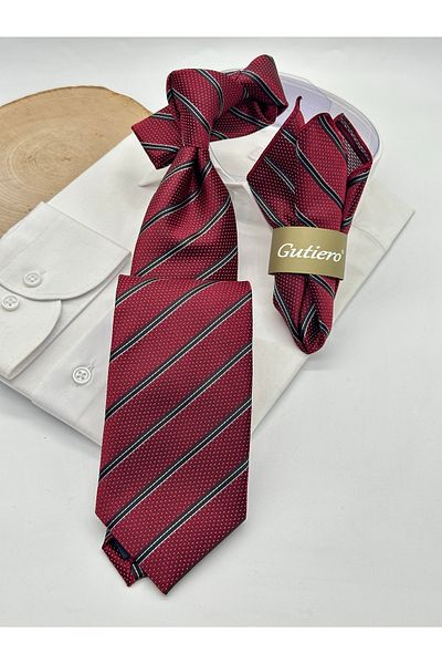 Gutiero Claret Red Striped Classic Tie with Handkerchief