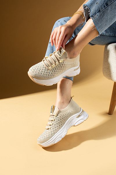 Pembe Potin Women's New Season Beige Silver Stylish Sneaker Lace-Up Daily Comfortable Sole Shoes