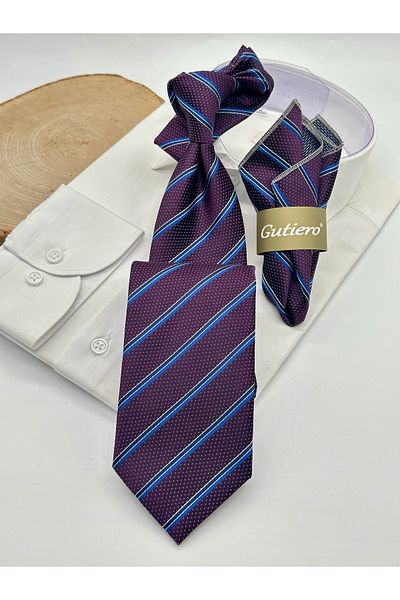Gutiero Classic Tie with Purple Striped Handkerchief