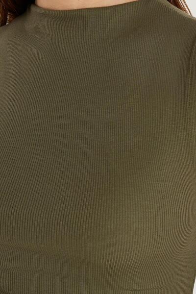 Tudors Women's Slim Fit Slim Fit Zero Sleeve Ribbed Modal Fabric Khaki Blouse