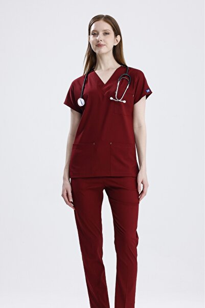 uçak iş giyim Bordo CORE-FLEX Likralı Cerrahi Takım Alt Üst Doktor Hemşire Fo...