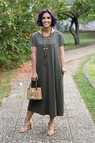 Nevin Kaya Moda Χακί κοντομάνικο βαμβακερό χτενισμένο φόρεμα