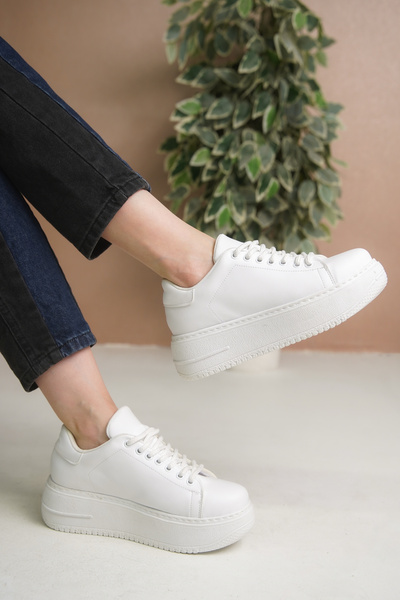 Craftique Pantofi sport alb pentru femei, cu talpă înaltă, cu șireturi, ușoar...