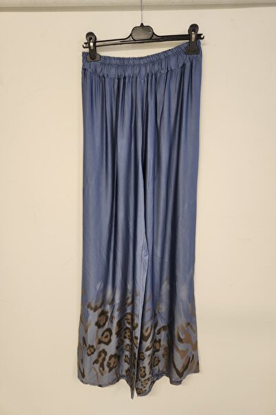 della moor Women's Blue Italian Leg Leopard Pattern Wide Leg Satin Trousers