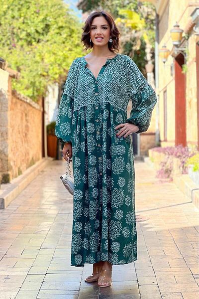 Nevin Kaya Moda Green and White Floral Shirt Dress