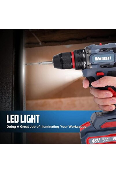 Wemart 48V 600W Brushless Electric Drill with 2600mAh Battery, 40Nm Torque, 2000RPM, 2-Speed, 10mm C