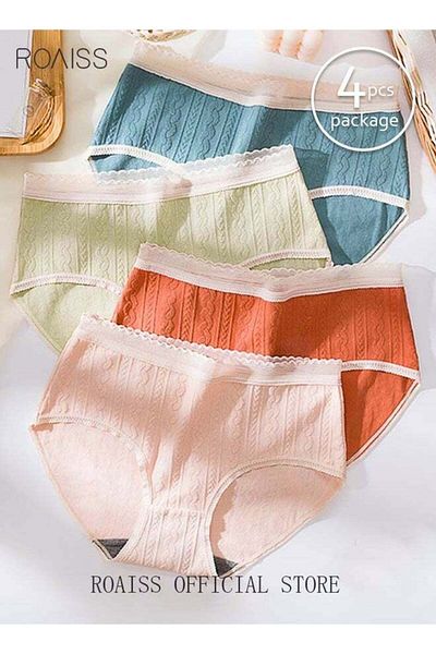 ROAISS 4 Pack Set Women's 95% Cotton Briefs Lace Stripe Sweet Textured High Stretch Panties Mid-waist Hygie