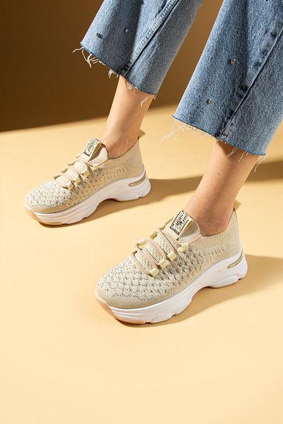 Pembe Potin Women's New Season Beige Silver Stylish Sneaker Lace-Up Daily Comfortable Sole Shoes
