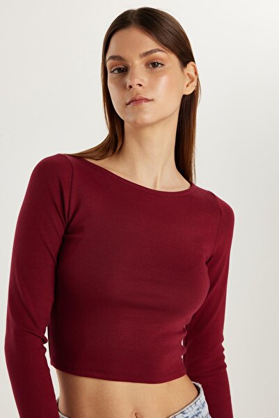 Tudors Kadın Slim Fit Dar Kesim Modal Kumaş Uzun Kollu Bisiklet Yaka Bordo Bluz