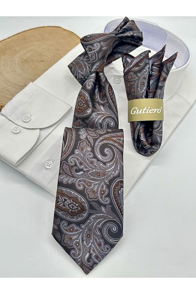 Gutiero Classic Tie with Brown Paisley Patterned Handkerchief