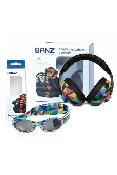 Banz Combo Pack, Baby Earmuffs UV Protection Sunglasses, 3-36 Months Kaleidoscope