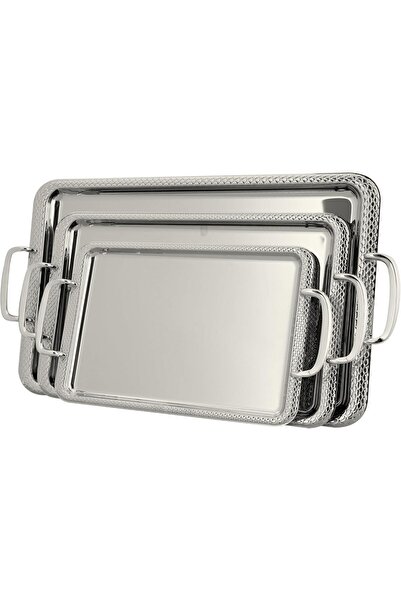 ALSAIF طقم صواني تقديم مكون من 3 قطع بمقابض جانبية، تصميم عصري وأنيق، نيكل