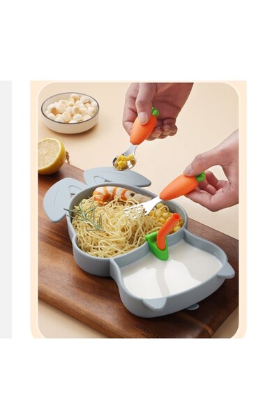 The Hub Set diversificare bebelusi, din silicon, 26 x 15 cm, 1 farfurie compartimentata in forma de iepure