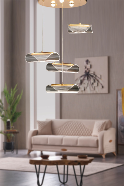 burenze Modern Tasarım Vegas Led Avize Dörtlü Sarkıt Ledli Gold Sarı