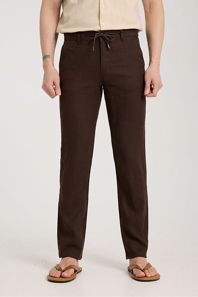 muzzo jeans Dark Brown 100% Linen Trousers with Elastic Waist