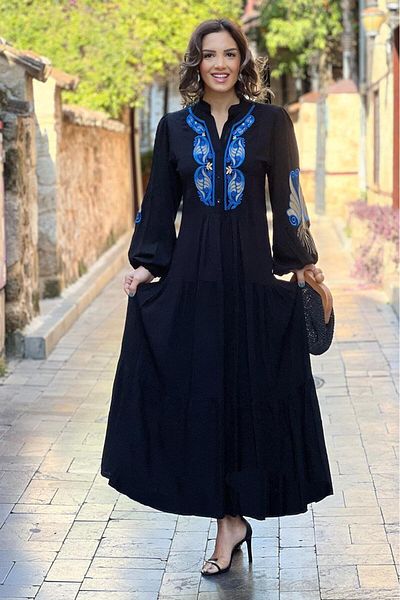 Nevin Kaya Moda Μαύρο στήθος Μπλε κεντημένο φόρεμα
