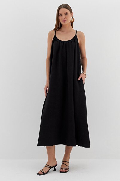 Shopping Shop İp Askılı Keten Elbise SIYAH