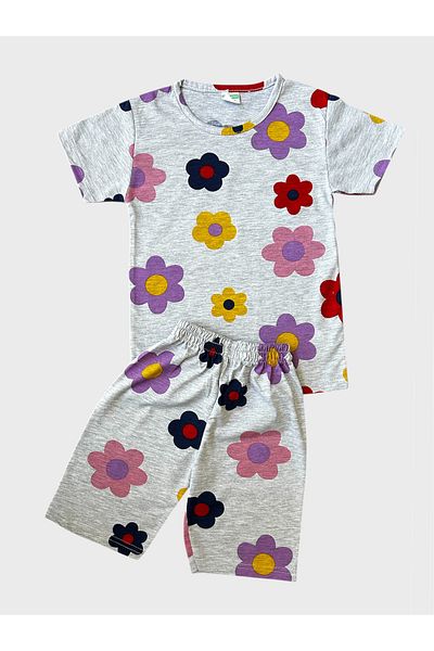 TOFU KİDS Girl's Cotton Gray Color Flowers Patterned Short Sleeve Shorts Summer Pajama Set