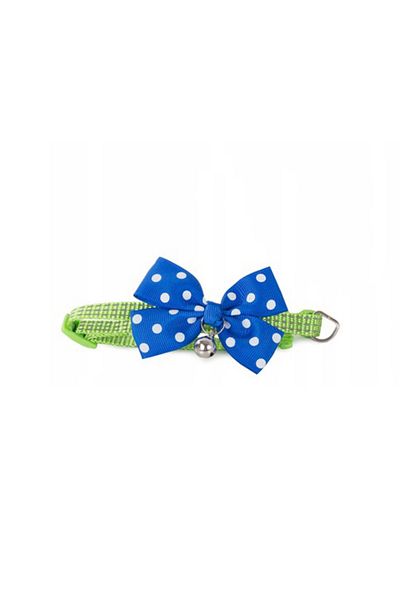 zola Adjustable dog collar made of green fabric with blue bow and bell