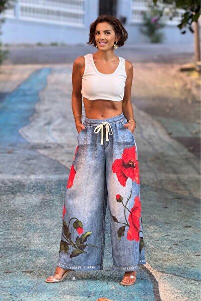 Nevin Kaya Moda Special Design Denim Look Trousers with Poppy Pattern