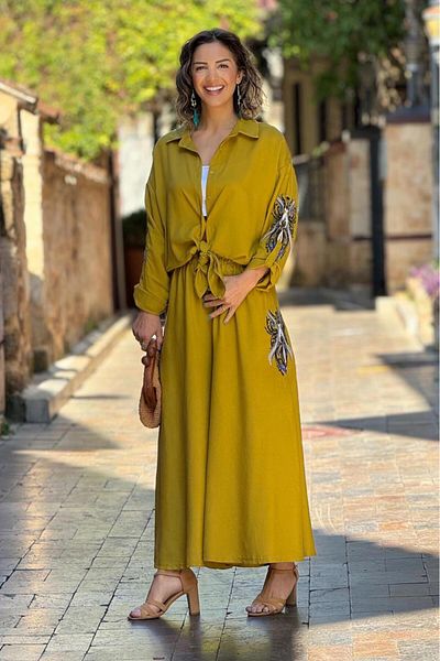 Nevin Kaya Moda Oil Green Mystic Embroidered 100% Cotton Set