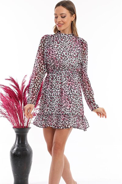 Miss Allos Γυναικείο Φόρεμα Ροζ Μαύρο Λεοπάρ Μίνι Φόρεμα Σιφόν με Κορδόνι ψηλός λαιμός