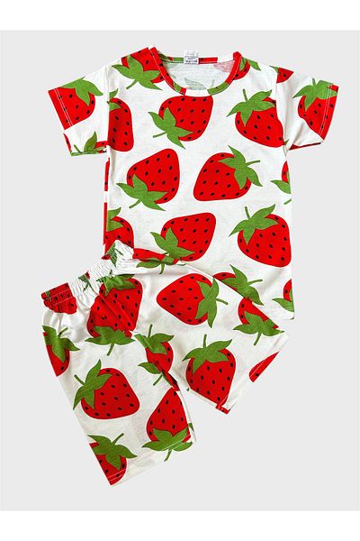 TOFU KİDS Girl's Cotton White Color Strawberries Patterned Short Sleeve Shorts Summer Pajama Set