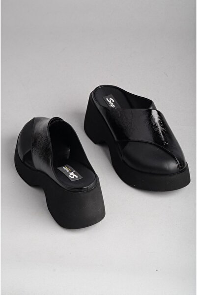 SEÇ KUNDURA Seç 883649 Genuine Leather Platform Heeled Women's Slippers (Heel Height: 7cm) Black Patent Leather