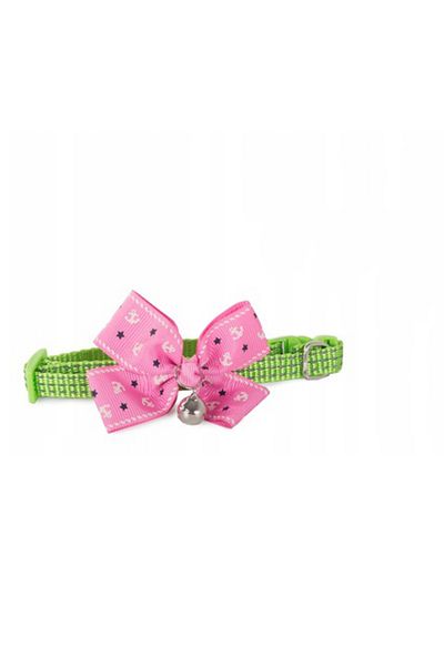 zola Adjustable dog collar made of green fabric with pink bow and bell