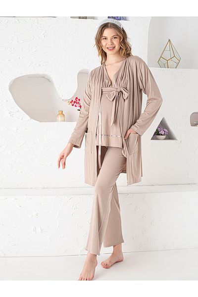JENİKA Women's Maternity Double Breasted Collar Belt and Pocket Detailed 3-Piece Pajama Set