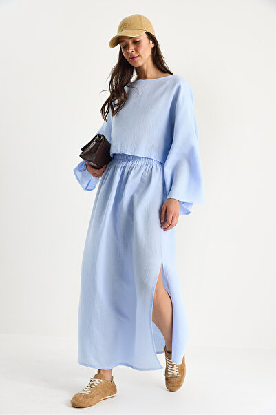 Bianco Lucci Women's Bat Sleeve Cropped Elastic Waist Slit Detail Skirted Muslin Suit 9280 60281002