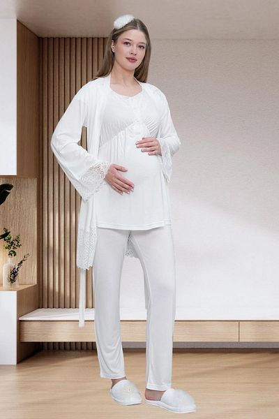 LOHOUSE Set de pijamale de maternitate pentru maternitate, cu design special, ecru, cu 3 piese, cu halat