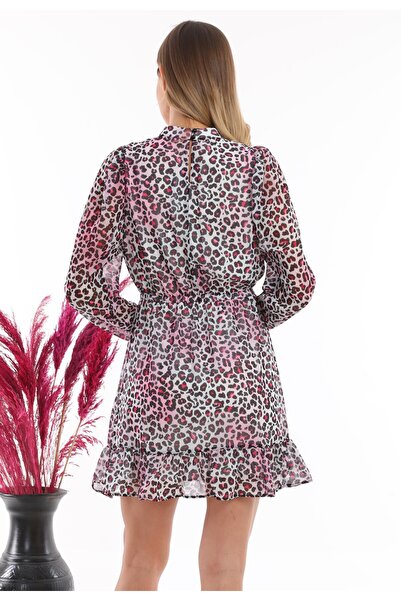 Miss Allos Γυναικείο Φόρεμα Ροζ Μαύρο Λεοπάρ Μίνι Φόρεμα Σιφόν με Κορδόνι ψηλός λαιμός