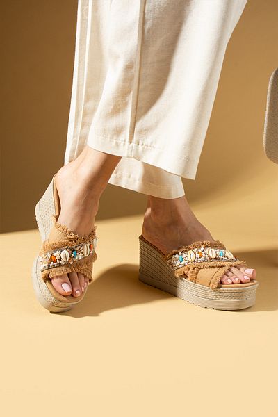 Pembe Potin Women's Tan Linen Thick Wedge Heel Poly Comfortable Sole Slippers Sandals