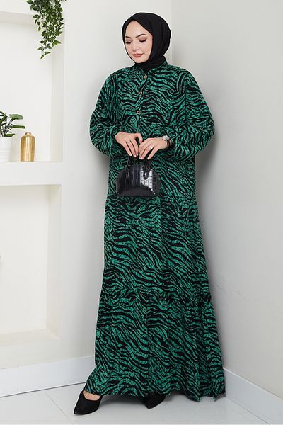 Bestenur Disra Half Button Woven Viscose Dress 1521 - Green
