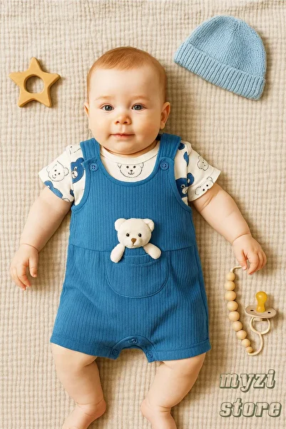 MYZİ STORE Baby Boy 3-Piece Romper Set - Teddy Bear Patterned Badi Bear Embroidered Green Salopet and Socks Set Cotton