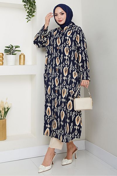Bestenur Τονωμένο τουνίκ βισκόζης με σχέδιο 1516 - Navy Blue