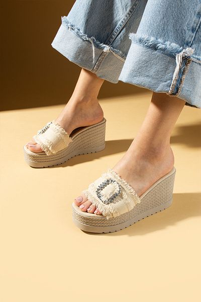 Pembe Potin Women's Beige Linen Thick Wedge Heel Poly Comfortable Sole Slippers Sandals