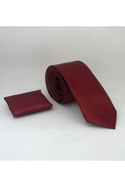 Gaffy Bordo Slim Fit (ince) Düz Renk Mendilli Saten Kravat - SS-37