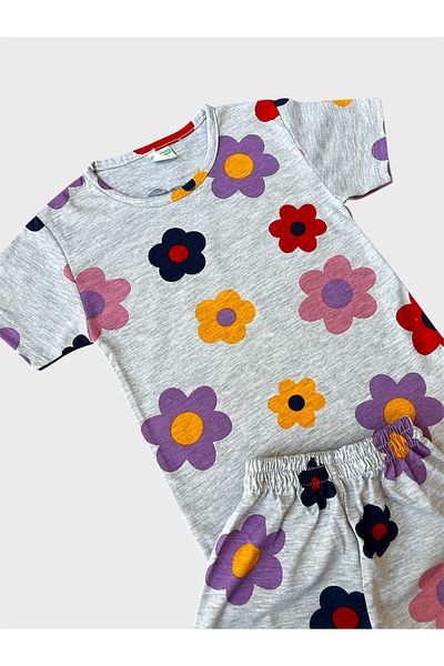TOFU KİDS Girl's Cotton Gray Color Flowers Patterned Short Sleeve Shorts Summer Pajama Set