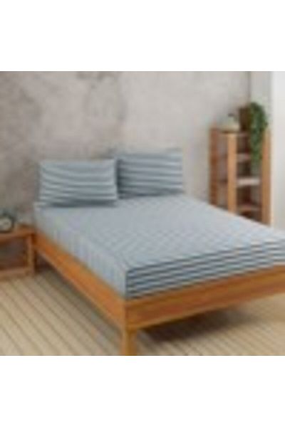 Enlora Home Set husa de pat cu elastic si 2 fete perna, bumbac 65% si poliester 35%, 160 x 200 cm, verde cu dung